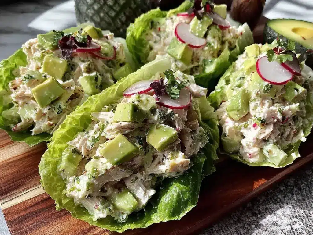 fresh cucumber avocado chicken salad lettuce wraps - featured image
