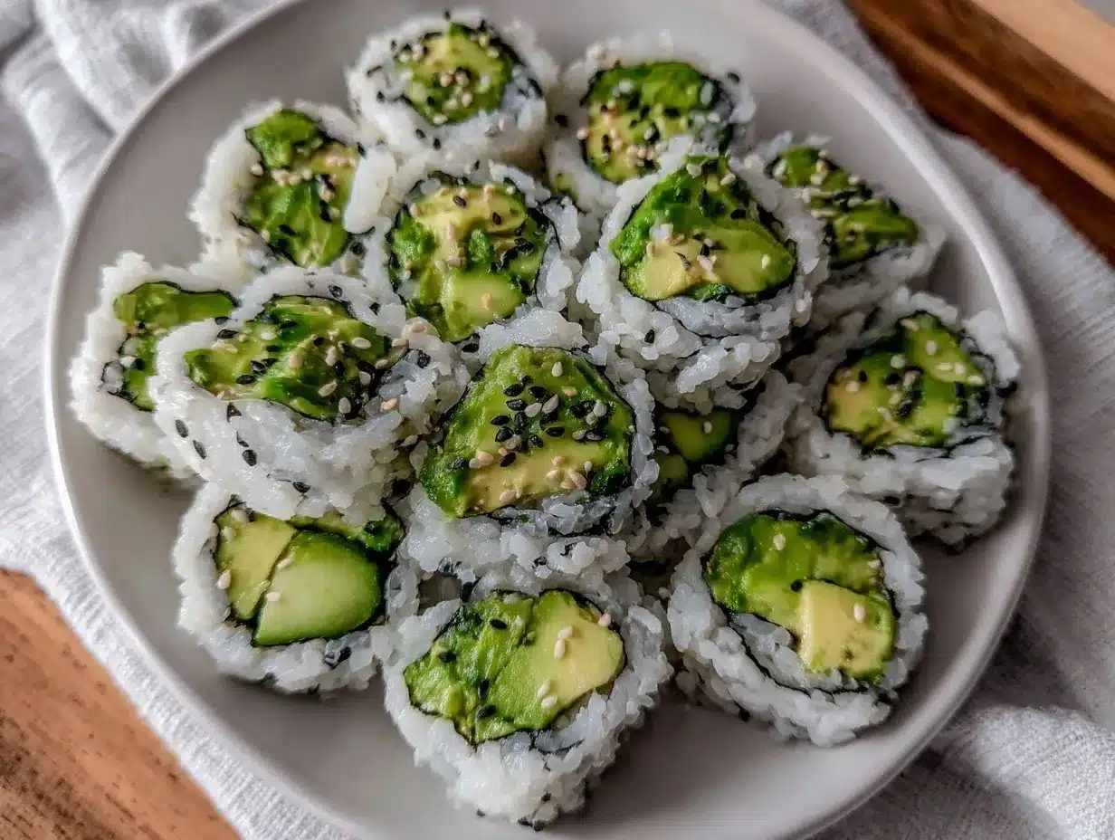 fresh cucumber avocado sushi rolls preparation steps
