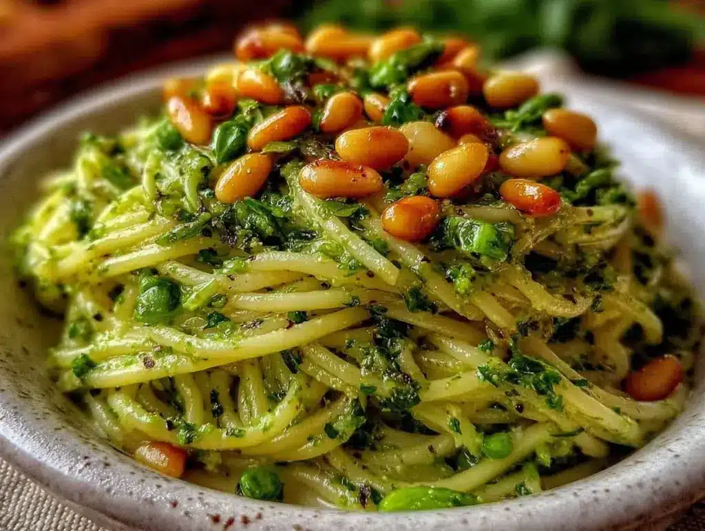 fresh garlic scape pesto pasta - featured image