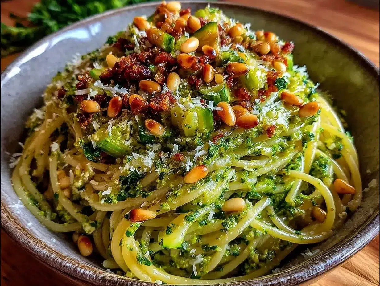 fresh garlic scape pesto pasta preparation steps