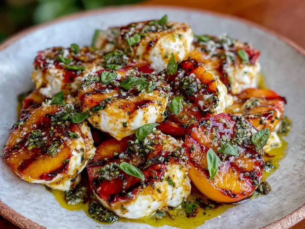 fresh grilled peach and burrata salad - featured image