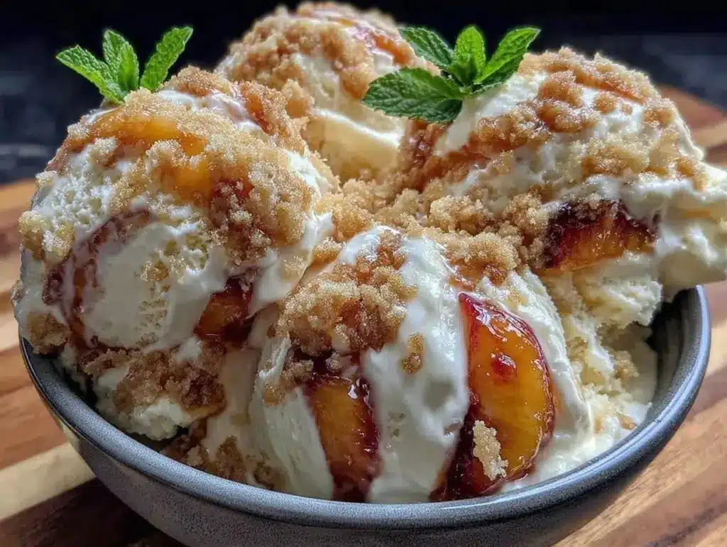 no-churn peach cobbler ice cream - featured image