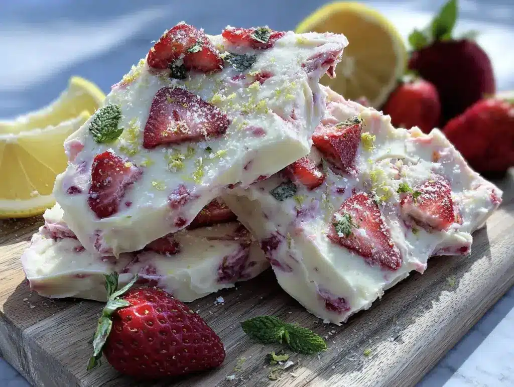 strawberry lemonade frozen yogurt bark - featured image