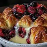 berry cobbler with creamy vanilla sauce - featured image