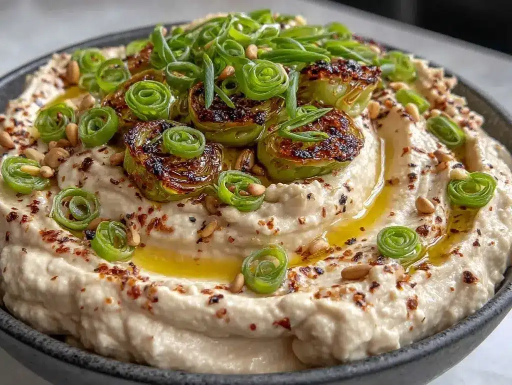 creamy charred garlic scape hummus - featured image