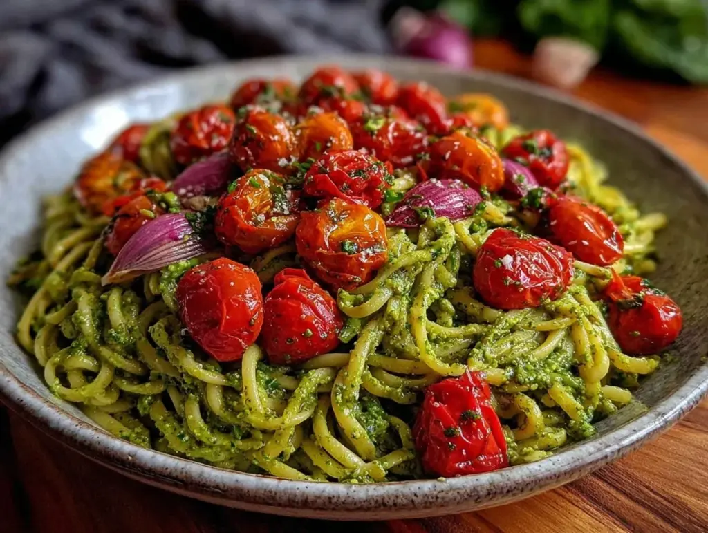 creamy garlic scape pesto pasta - featured image