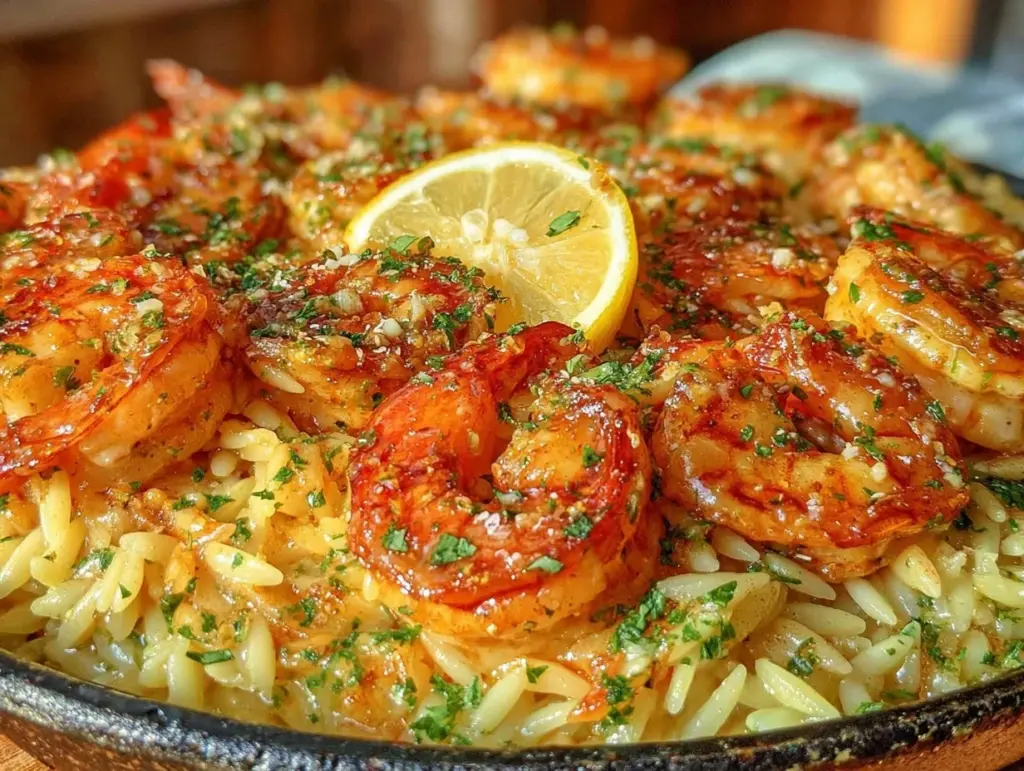creamy lemon garlic butter shrimp and orzo - featured image
