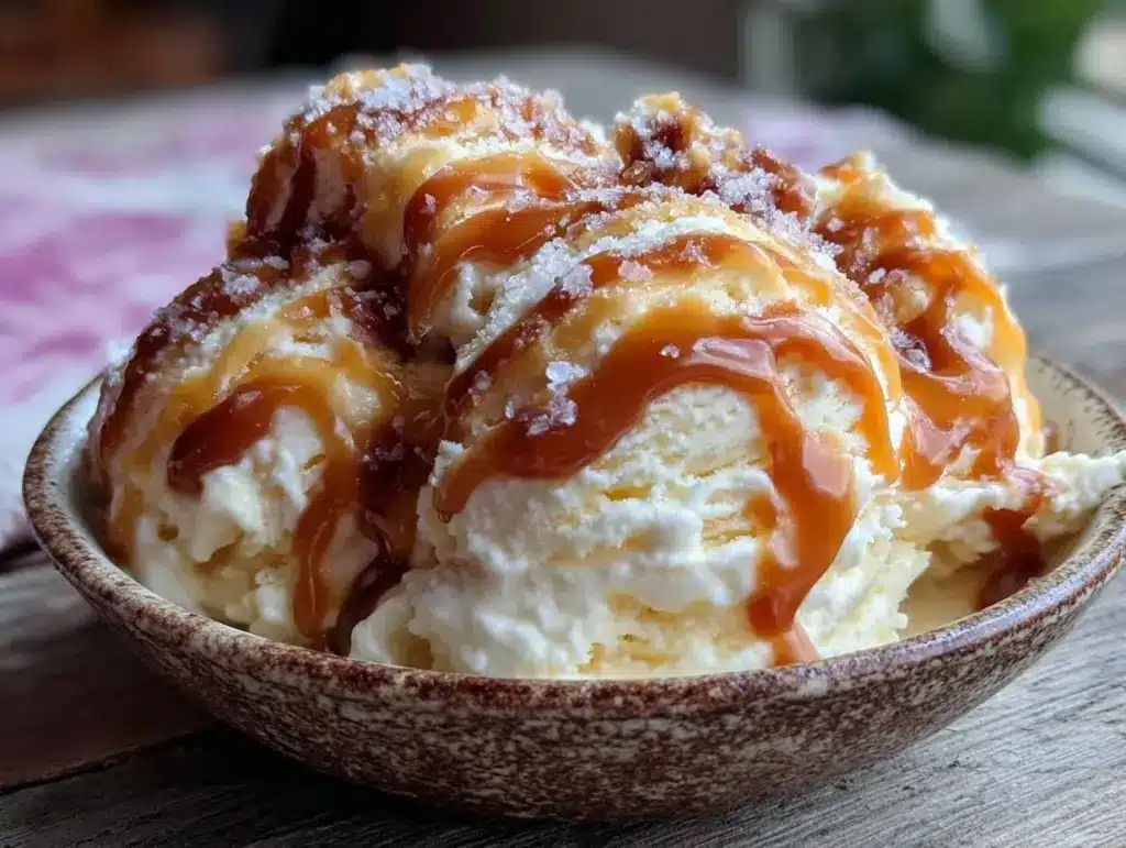 creamy no churn salted caramel swirl ice cream - featured image