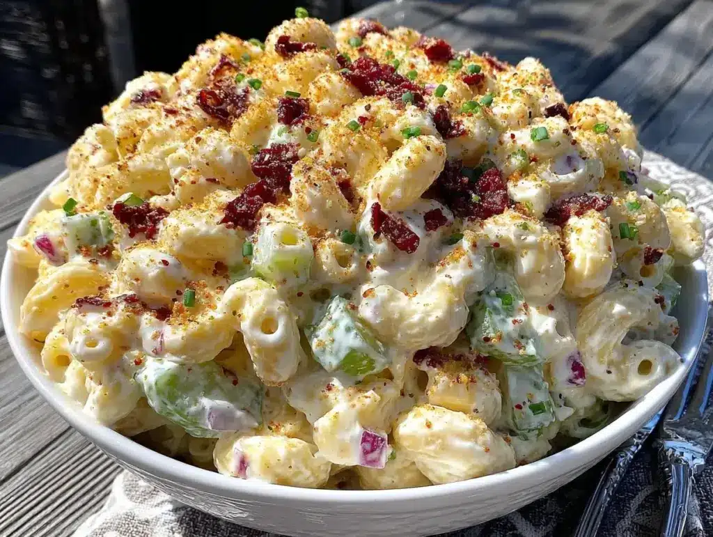 creamy southern macaroni salad with sweet pickles - featured image
