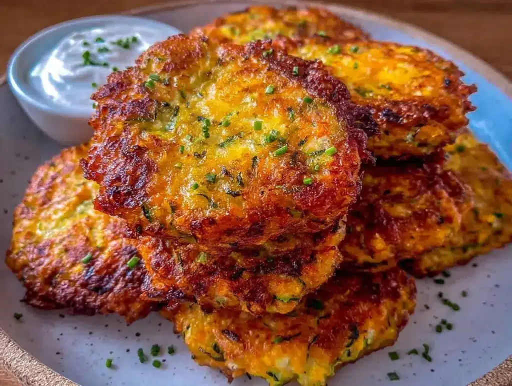 crispy cheesy zucchini fritters - featured image