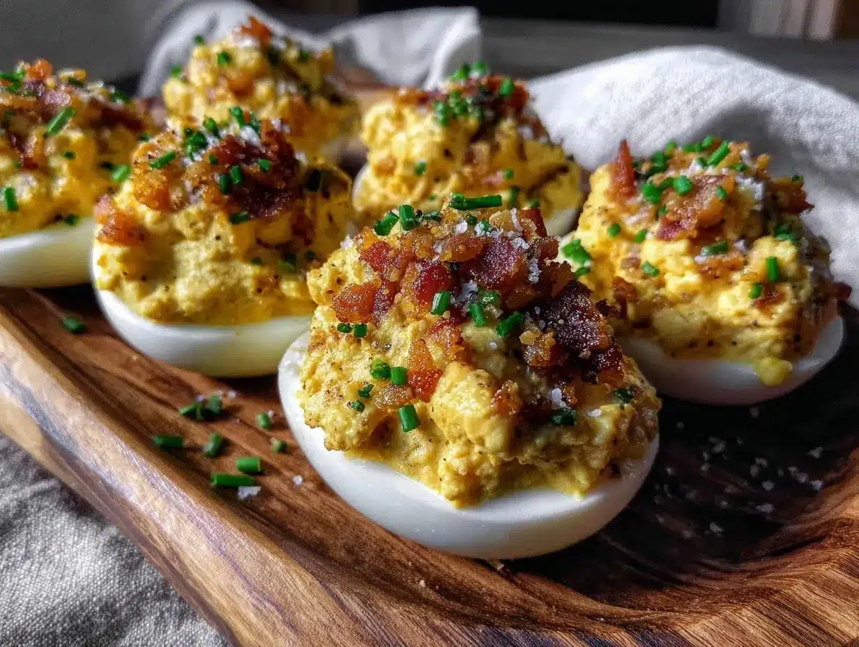 crispy deviled eggs with bacon and fresh chives preparation steps