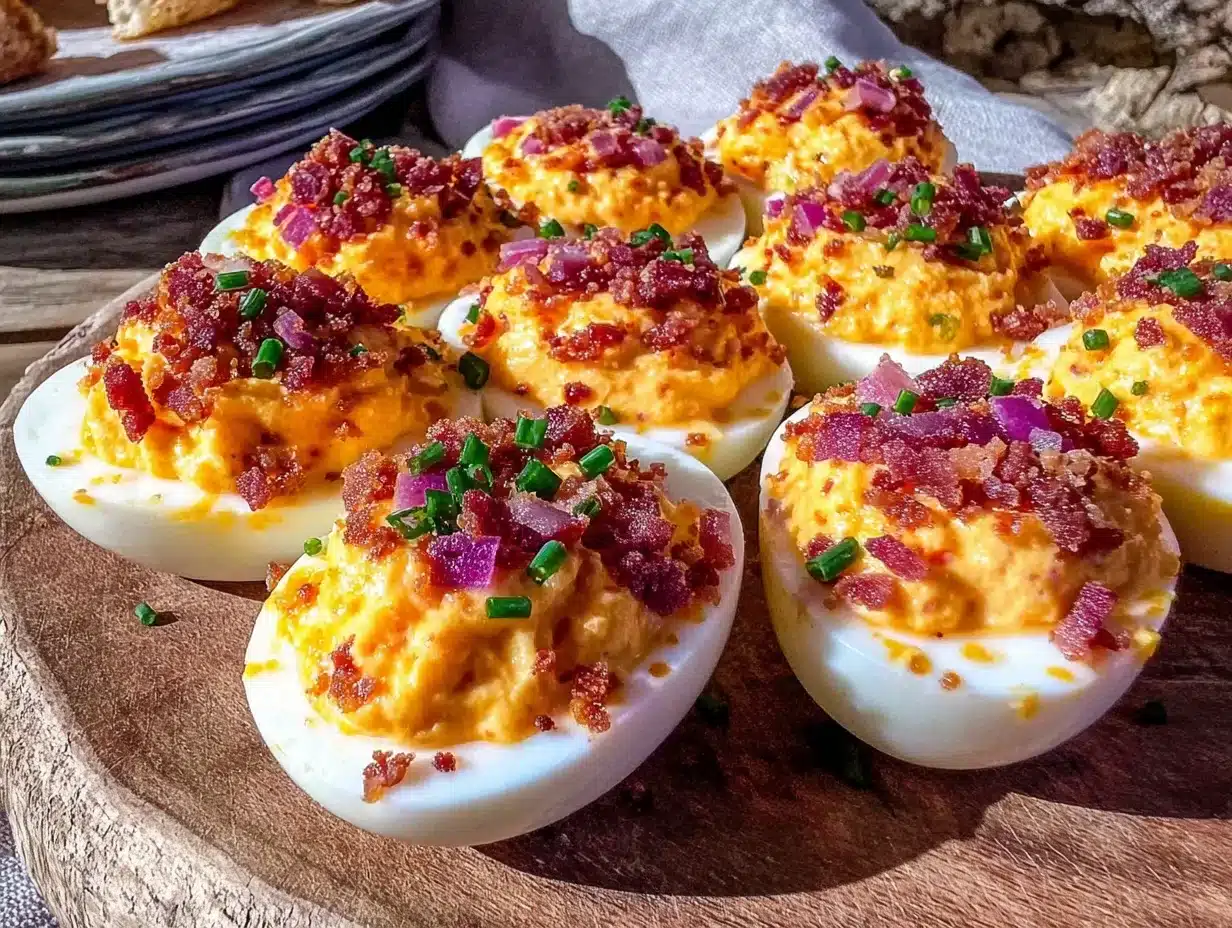 crispy deviled eggs with bacon and fresh chives - featured image