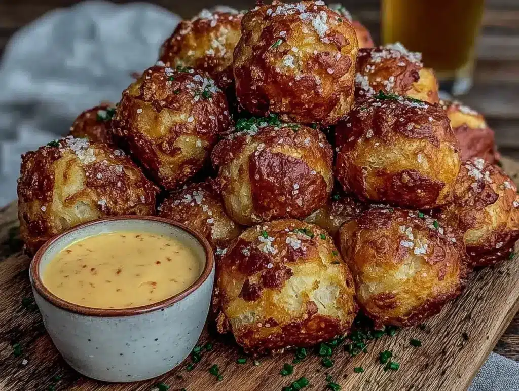 crispy pretzel bites with beer cheese dip - featured image
