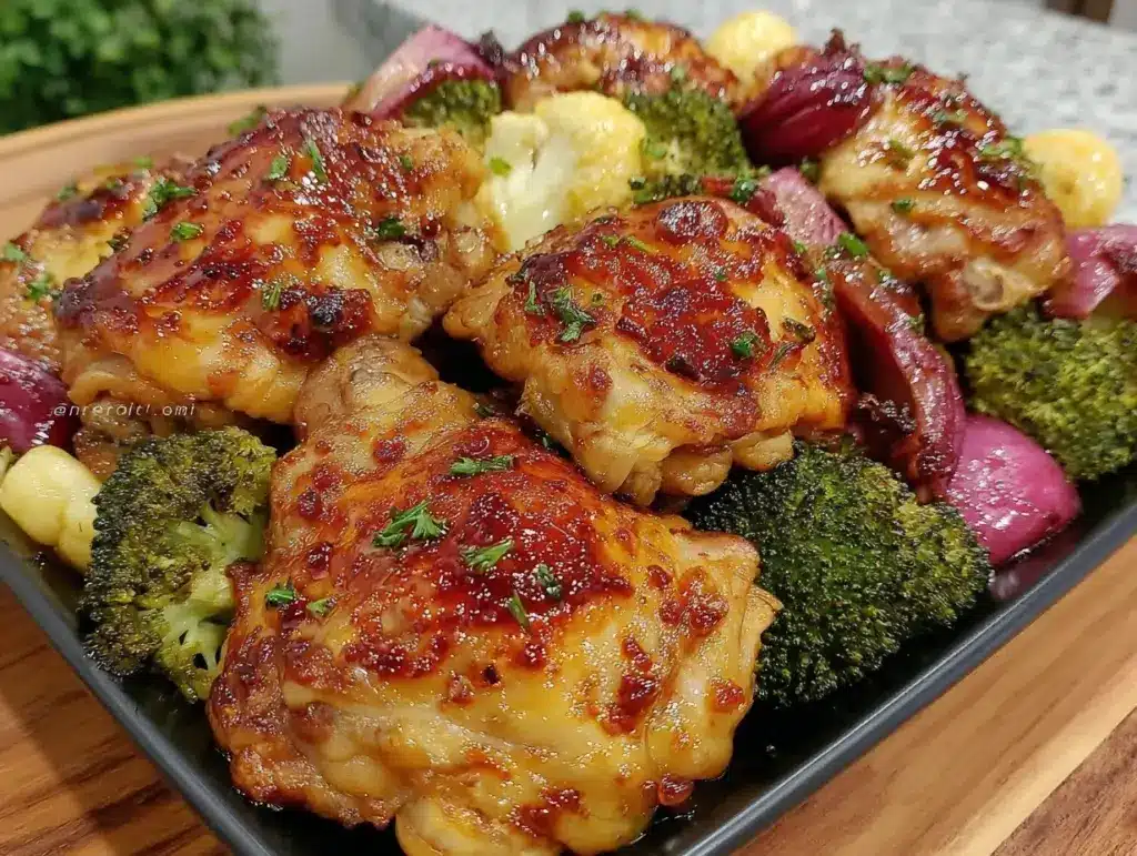 easy crispy sheet pan honey garlic chicken - featured image