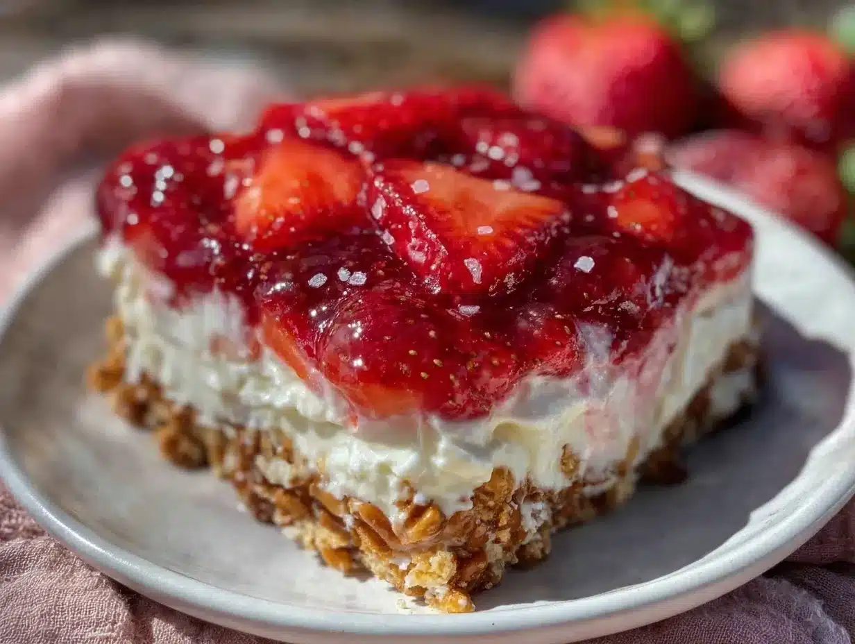 easy no-bake strawberry pretzel salad dessert preparation steps