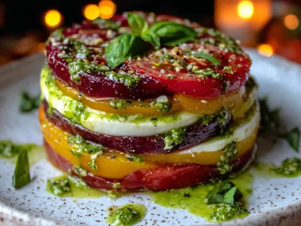 fresh heirloom tomato caprese stack - featured image
