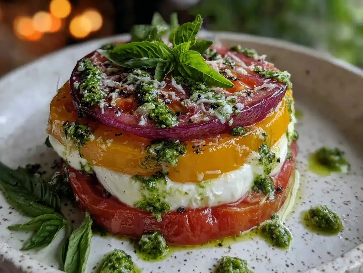 fresh heirloom tomato caprese stack preparation steps