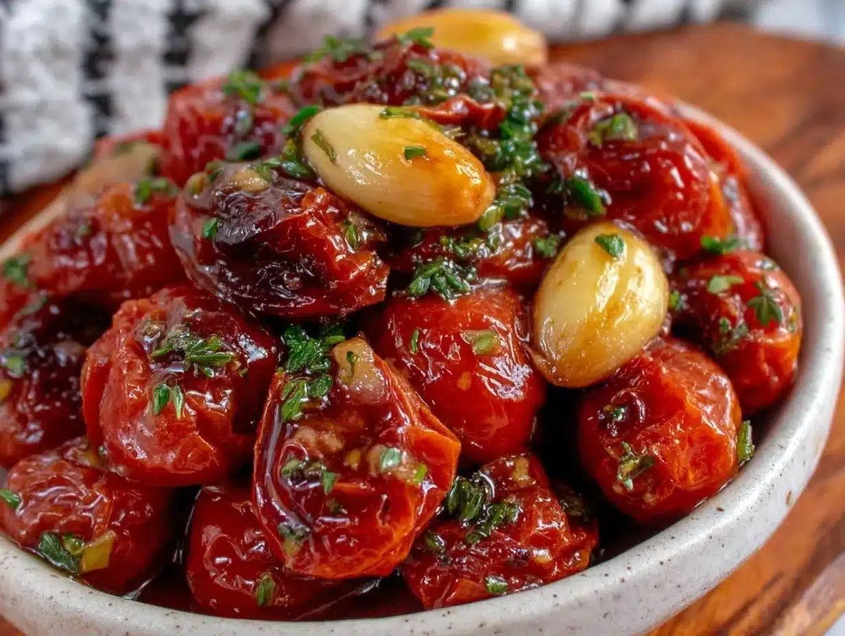 slow-roasted cherry tomatoes with garlic preparation steps