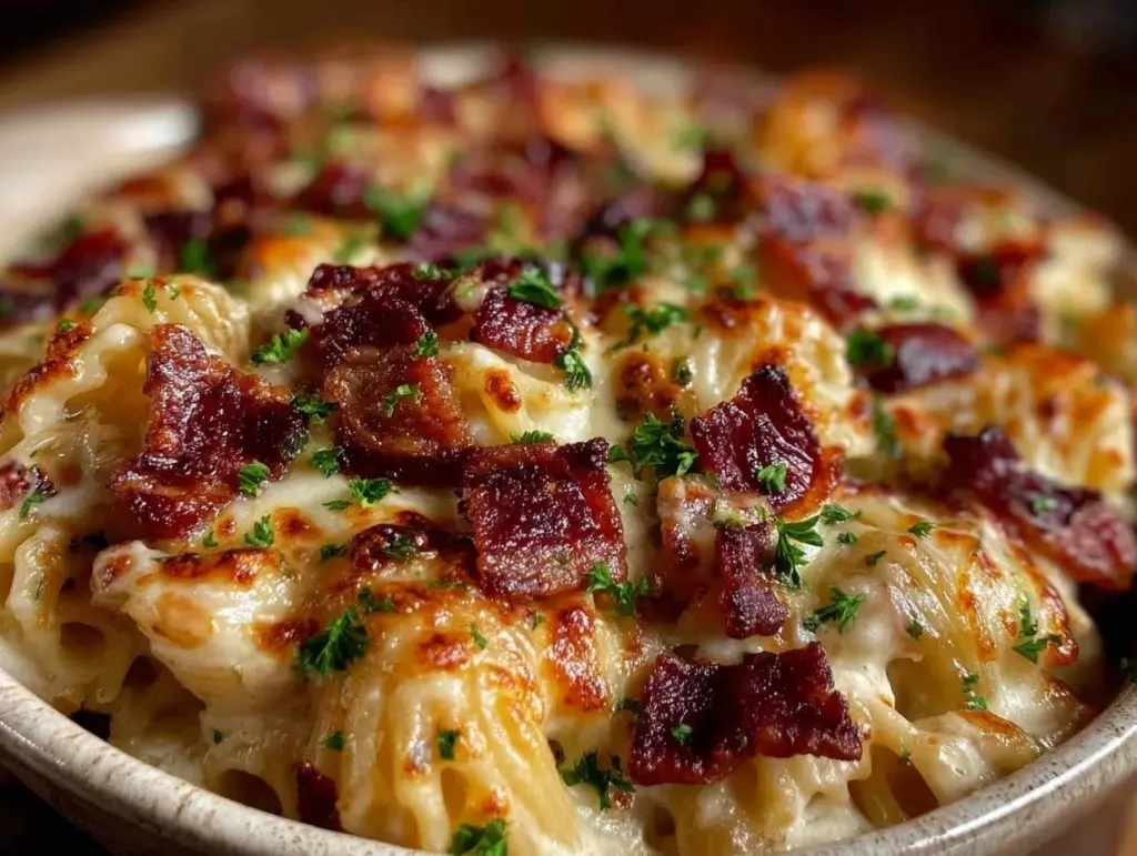 creamy crack chicken pasta bake - featured image