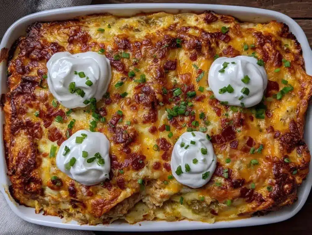 creamy hatch green chile chicken enchilada casserole - featured image