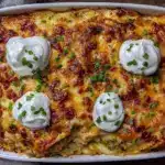 creamy hatch green chile chicken enchilada casserole - featured image