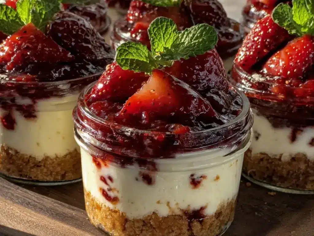creamy layered strawberry cheesecake jar desserts - featured image