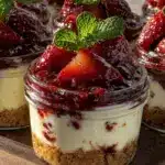 creamy layered strawberry cheesecake jar desserts - featured image