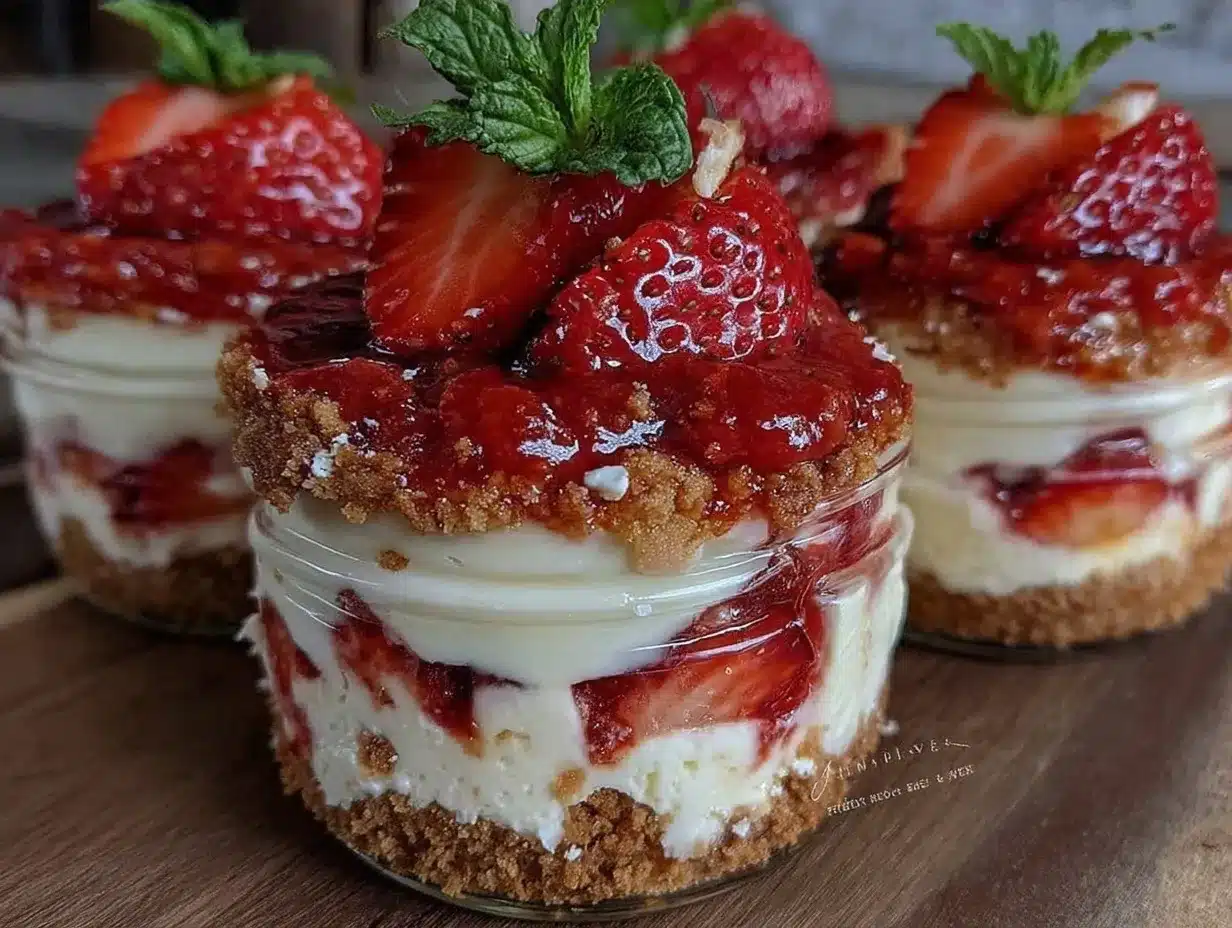 creamy layered strawberry cheesecake jar desserts preparation steps
