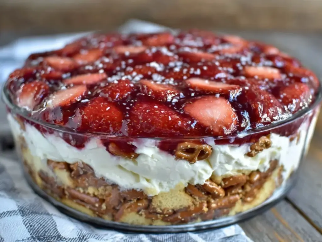 easy no bake strawberry pretzel salad dessert - featured image