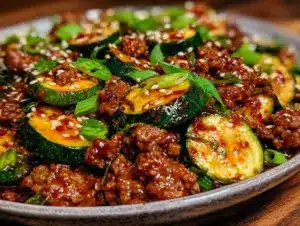 one-skillet ground beef and zucchini stir fry - featured image