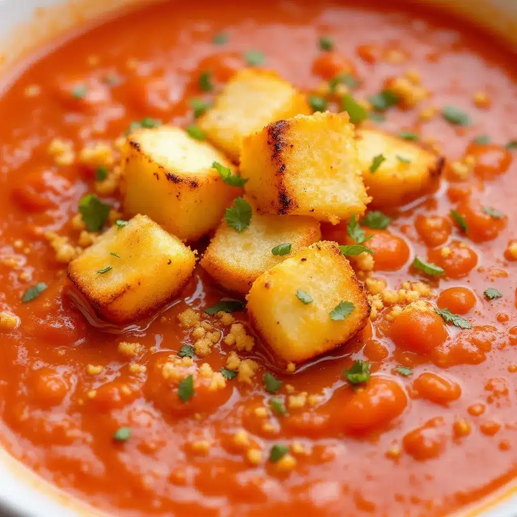 creamy tomato soup with grilled cheese croutons preparation steps