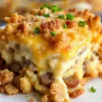 cheesy sausage hash brown breakfast casserole - featured image