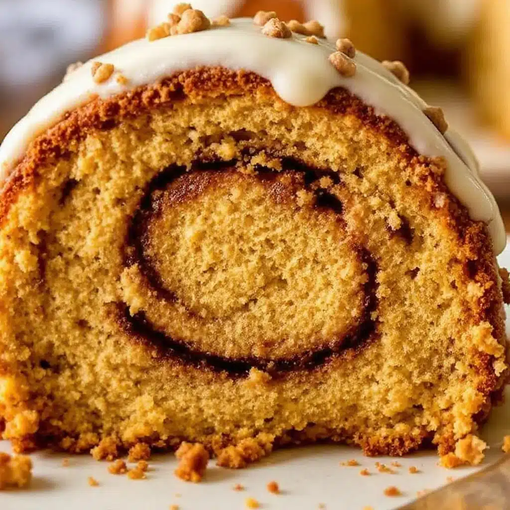 creamy cinnamon roll pumpkin cake with cream cheese icing - featured image