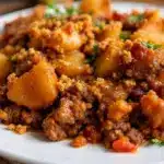 creamy crockpot ground beef potato casserole - featured image