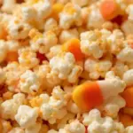 creamy white chocolate candy corn popcorn mix - featured image