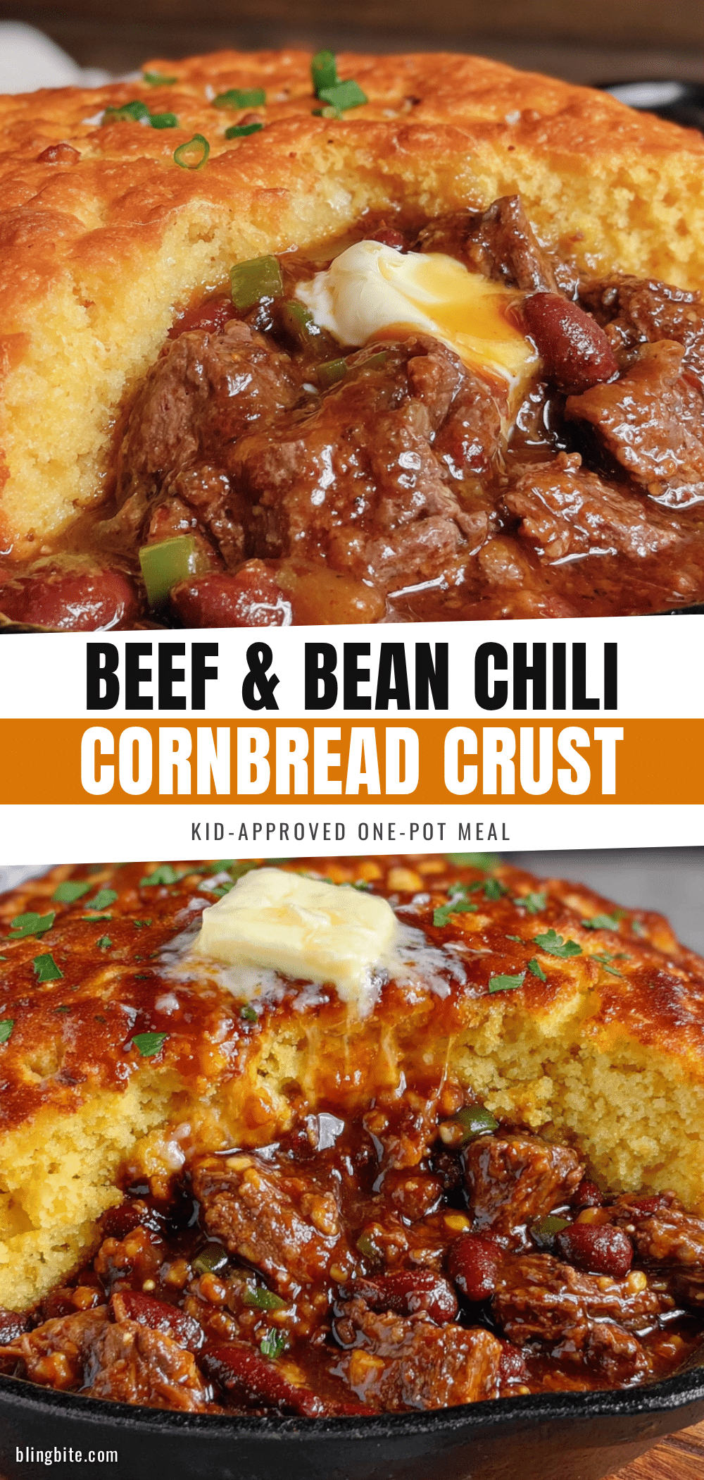 one-pot beef and bean chili with cornbread crust recipe